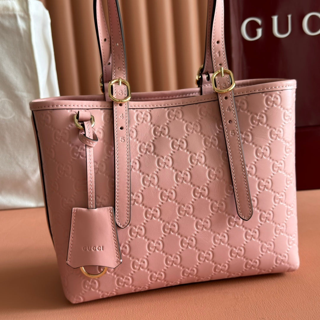 Gucci GG Emblem Medium Tote Bag in Pink Leather