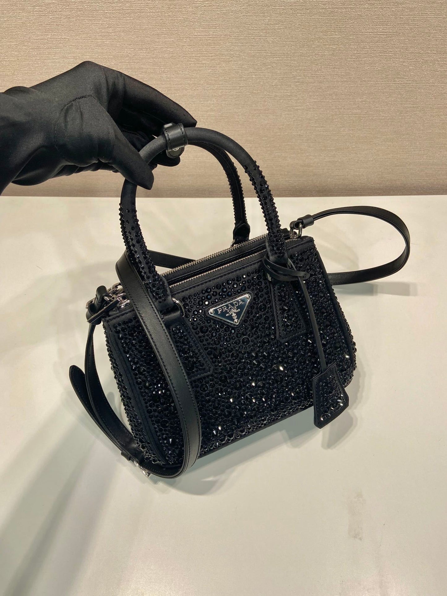 Prada Galleria Mini Satin Bag – Black with Crystals