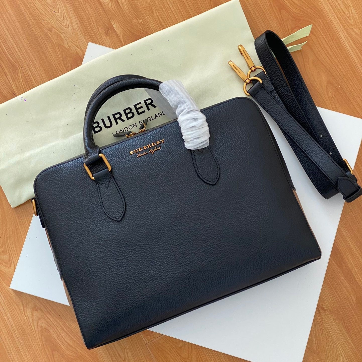Burberry Black Grain Leather Briefcase with Gold Hardware