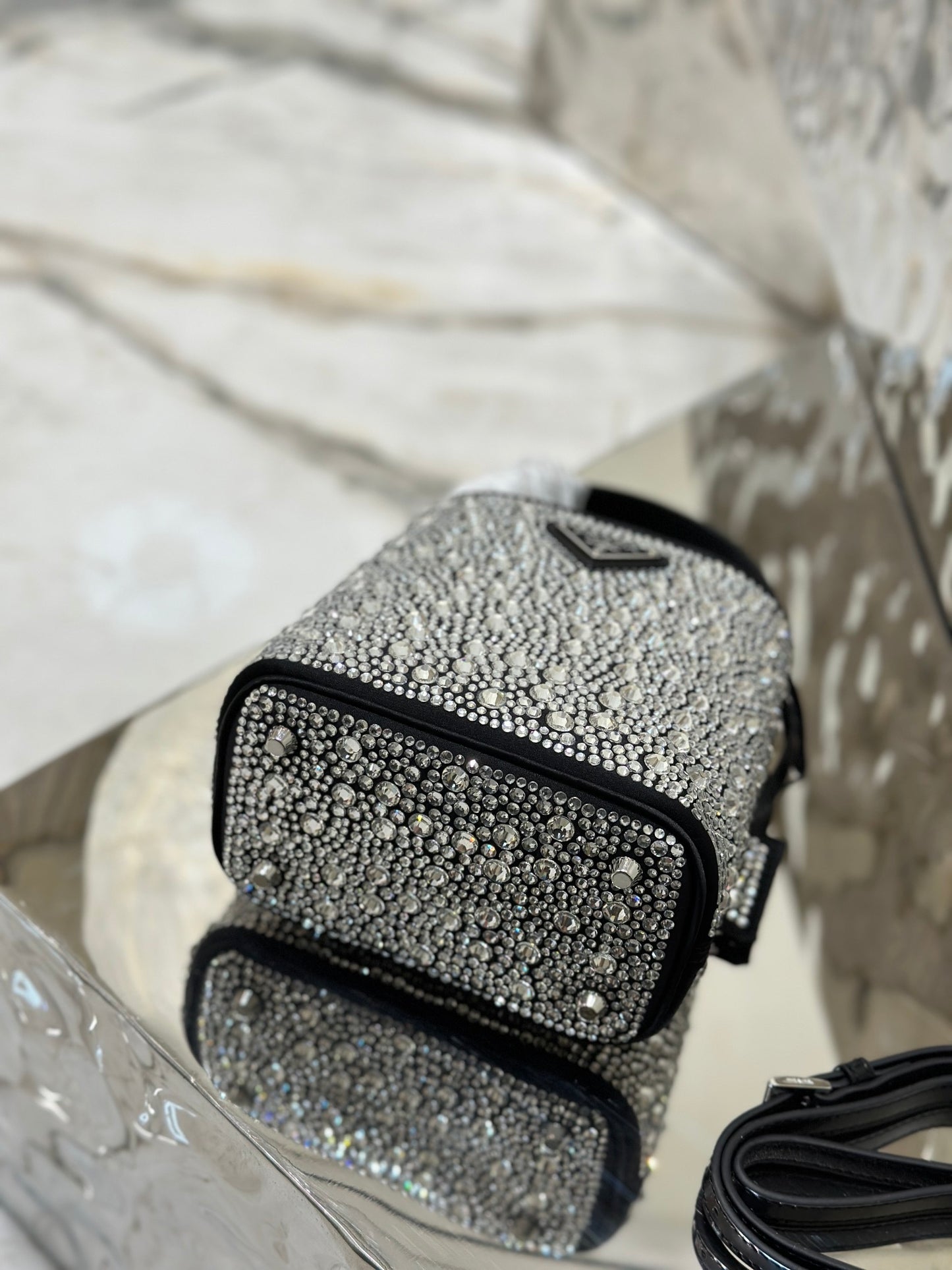 Prada Panier Crystal-Embellished Bucket Bag with Triangle Logo