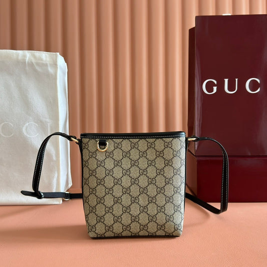 Gucci GG Emblem Nano Bucket Bag in Beige & Dark Brown Monogram with Black Leather Trim