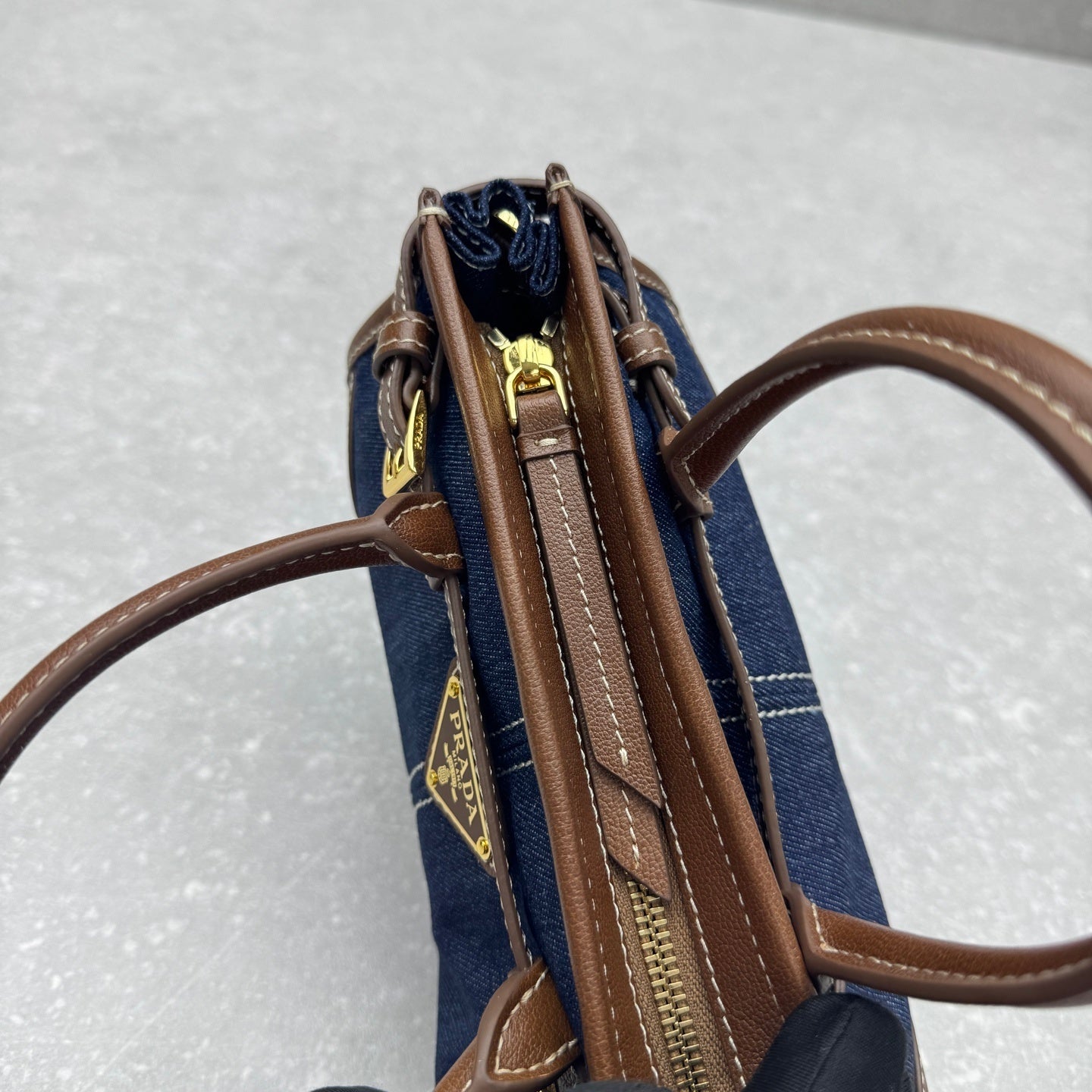 Prada Bonnie Medium Denim Handbag with Brown Leather Trim