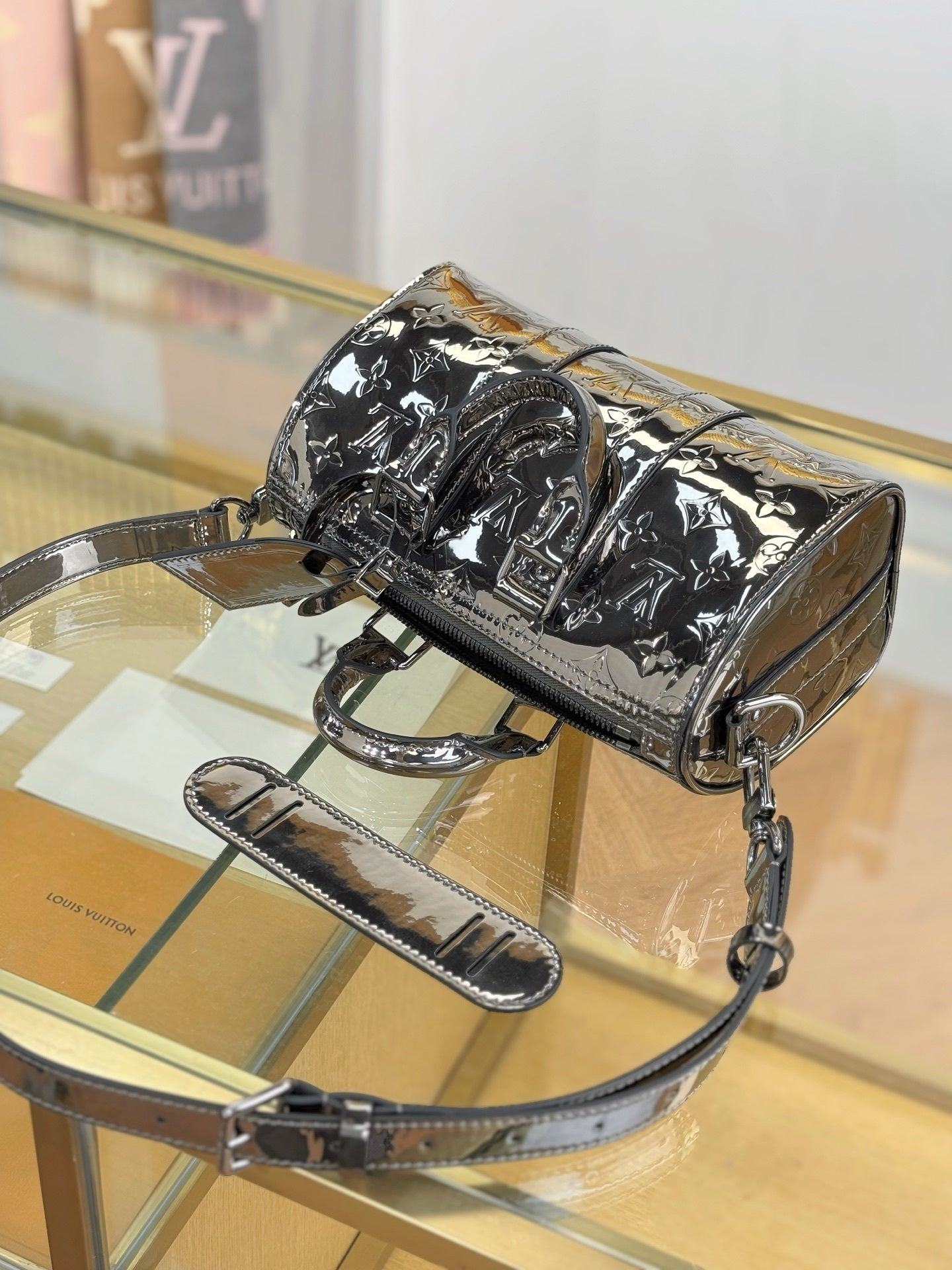 Louis Vuitton Keepall Bandoulière 25 Bag in Gunmetal Monogram Mirror Canvas