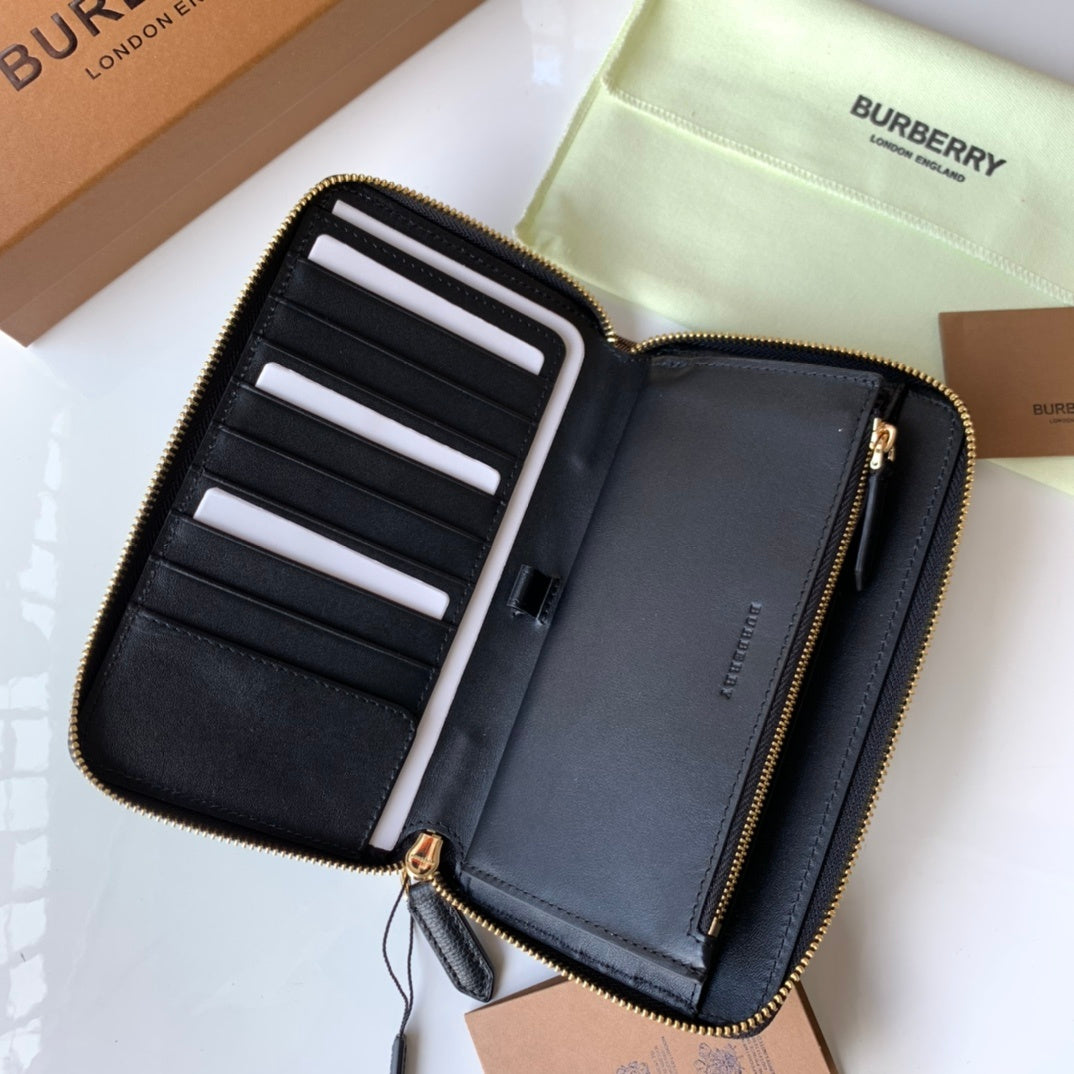 Burberry Logo Leather Continental Wallet in Black Calfskin with Check Side Panel