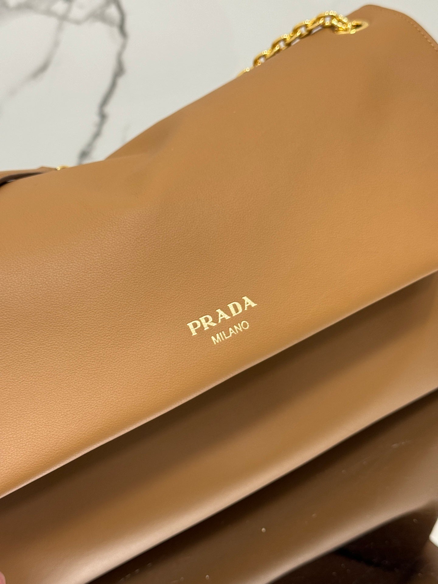 Prada Doux Shoulder Bag – Brown Calf Leather with Gold-Tone Chain Strap