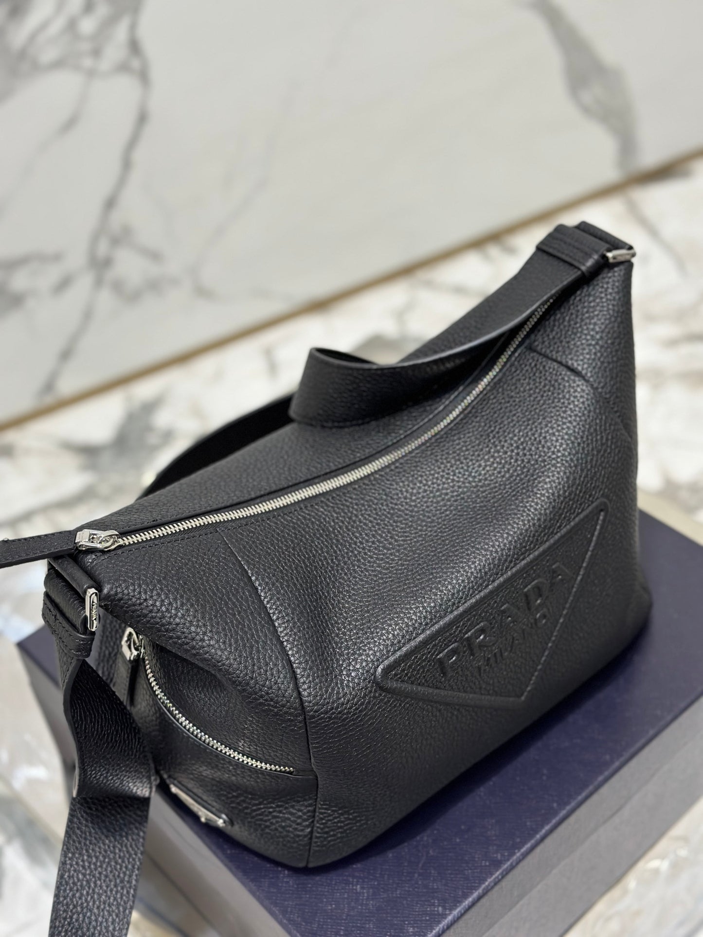Prada Black Leather Debossed Logo Crossbody Bag