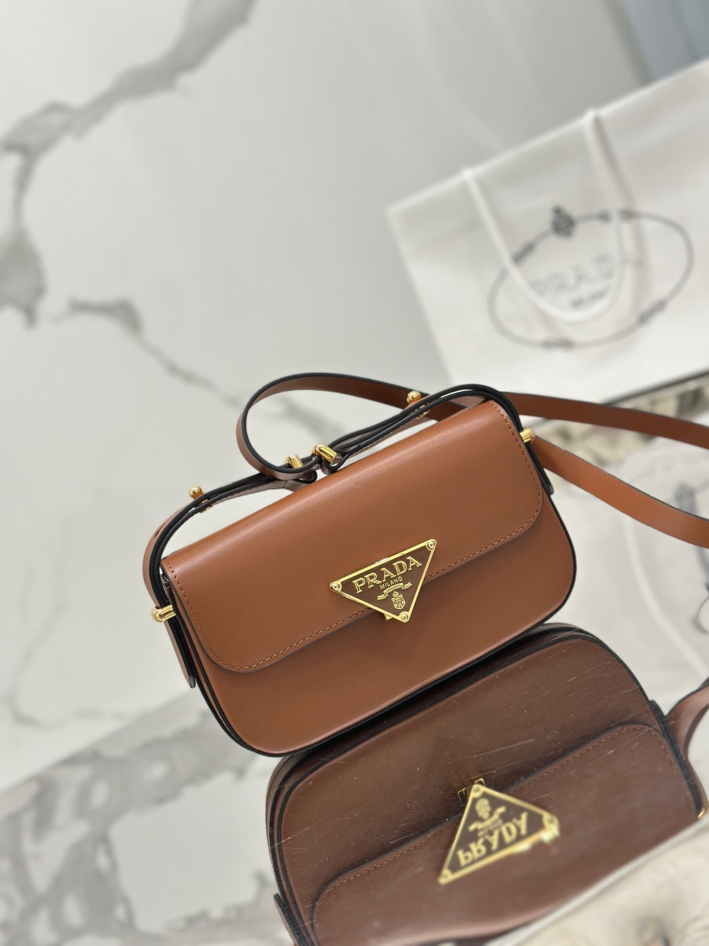 Prada Soft Calfskin Flap Shoulder Bag – Cognac with Metal Triangle Logo