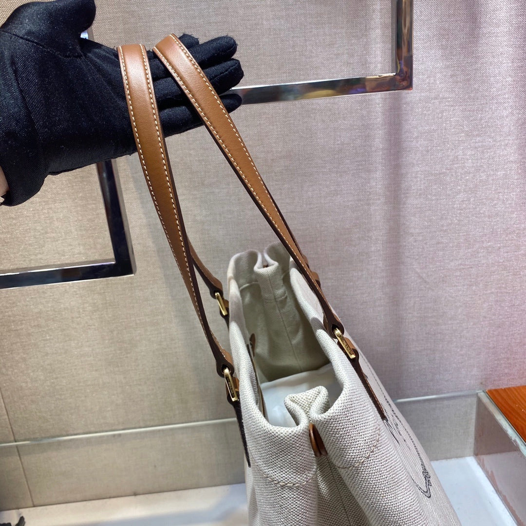 Prada Logo-Print Canvas Tote Bag with Leather Handles – Naturale & Cognac