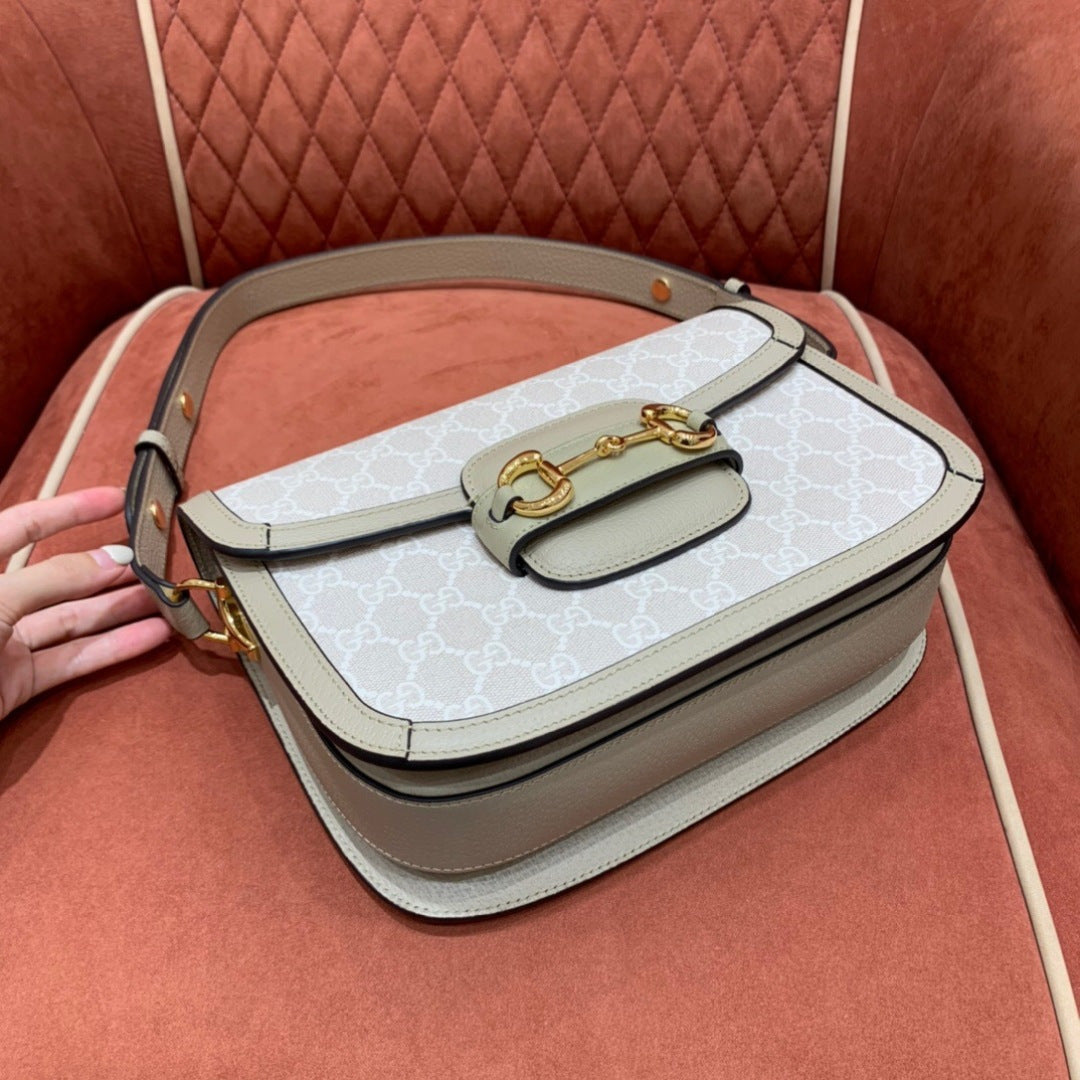 Gucci Horsebit 1955 Small Shoulder Bag in Beige & White GG Supreme Canvas