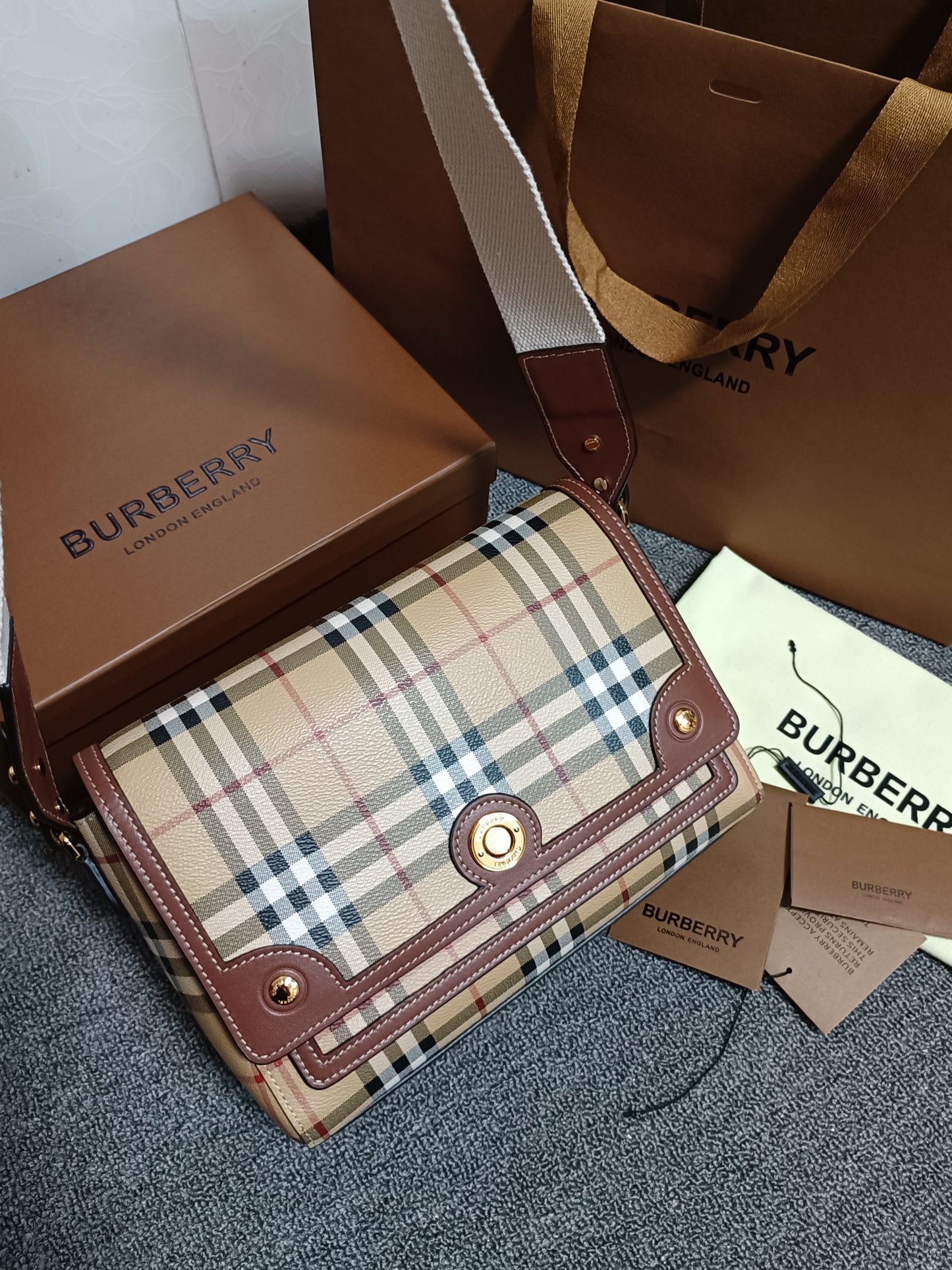 Burberry Note Crossbody Bag Archive Beige Check with Briar Brown Leather Trim