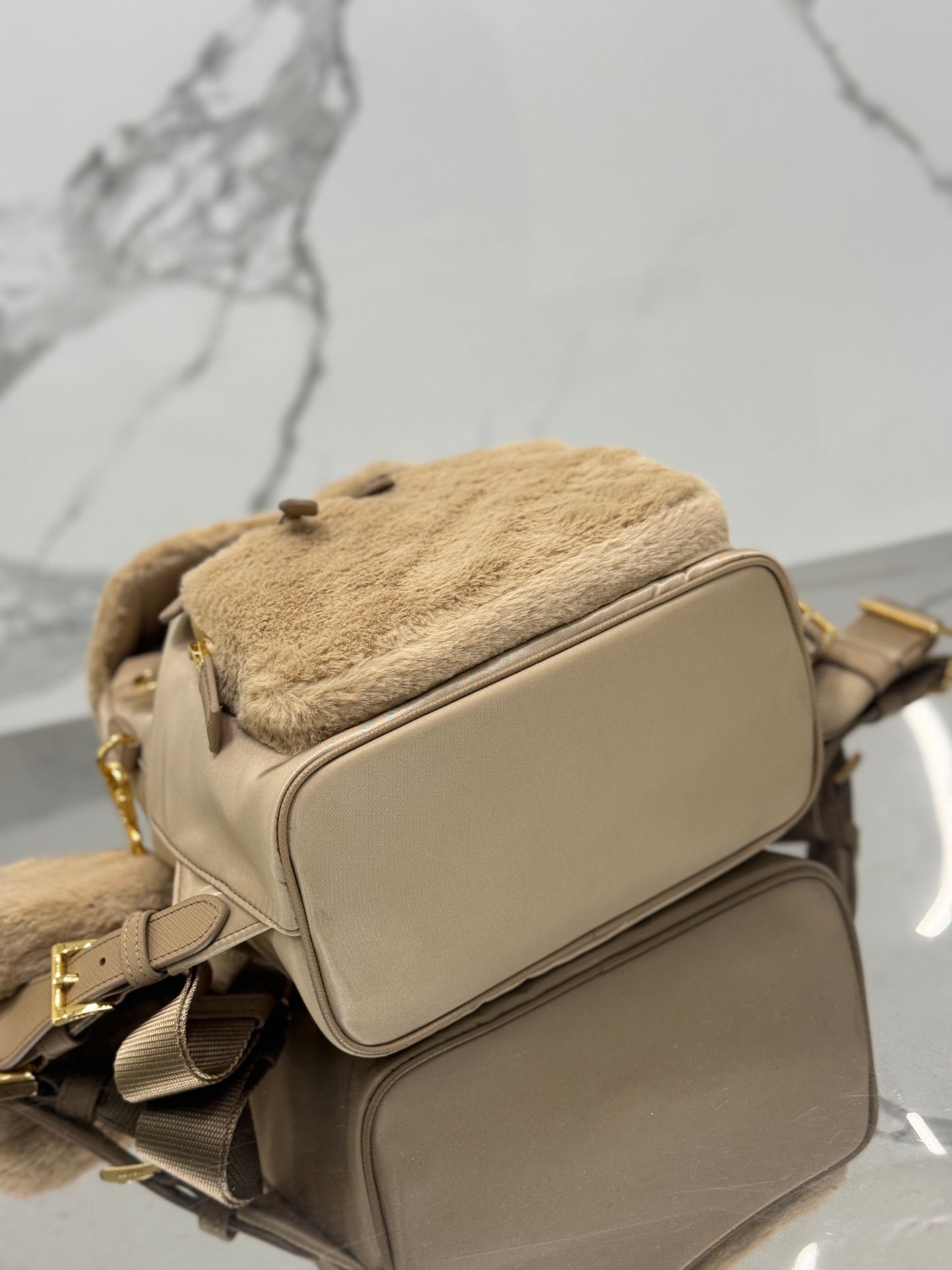 Prada Re-Nylon & Shearling Backpack – Beige