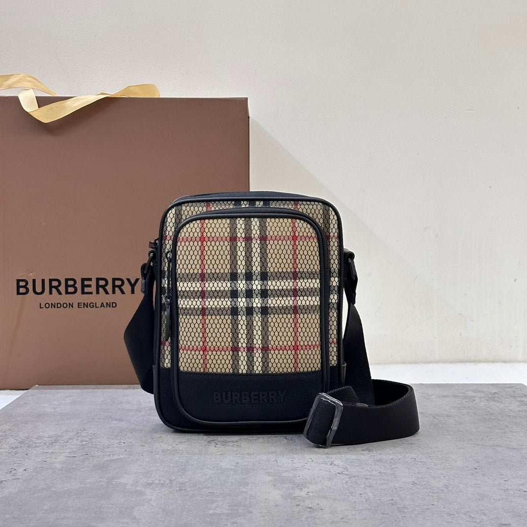 Burberry Freddie Crossbody Bag in Archival Beige Check with Black Mesh Overlay