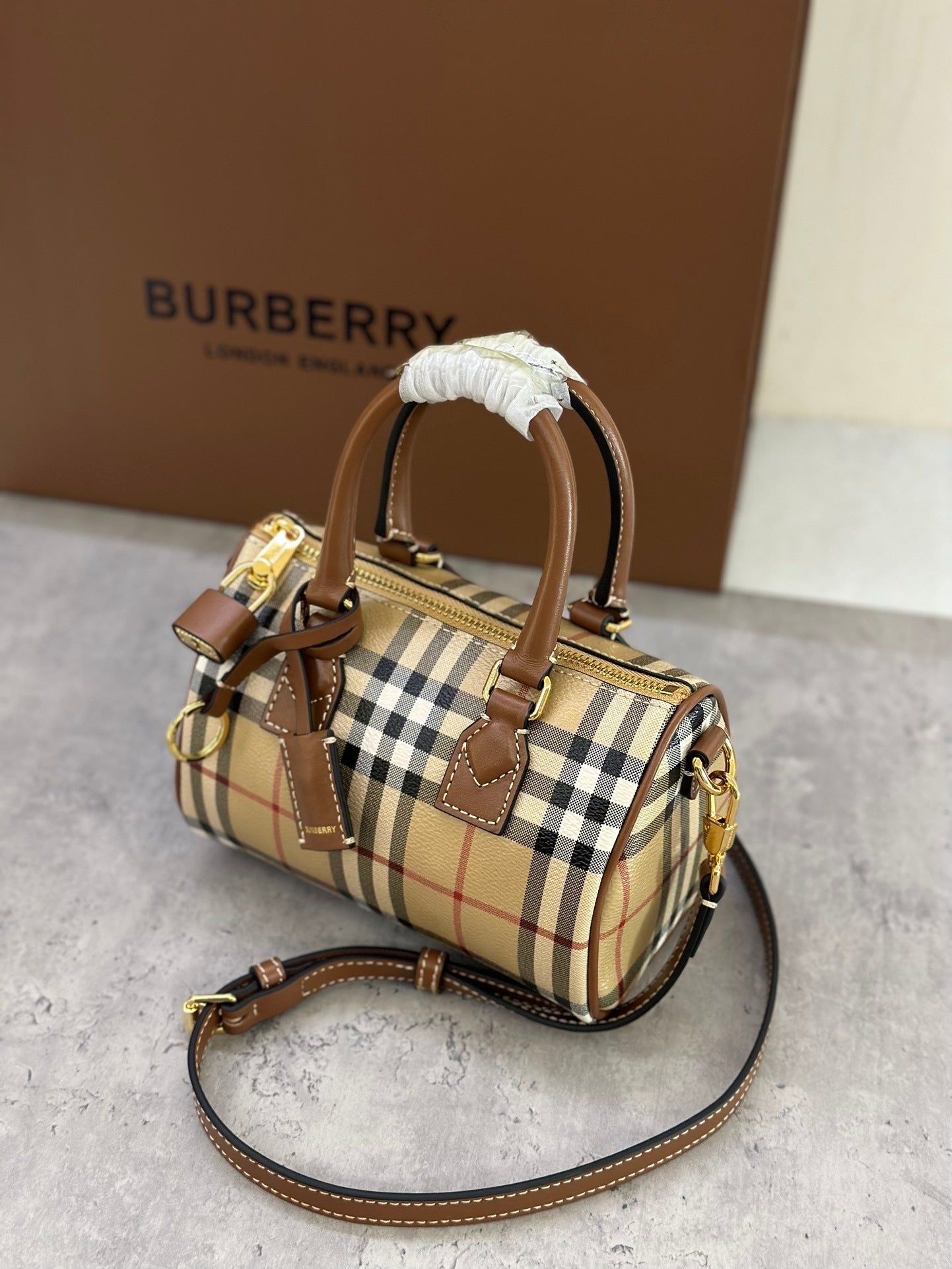 Burberry Mini Check Bowling Bag in Archive Beige & Briar Brown with Leather Trim