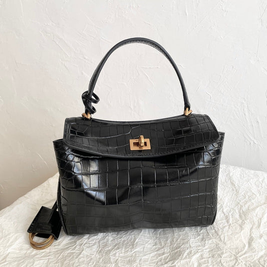 Balenciaga Rodeo Crocodile-Embossed Black Leather Handbag