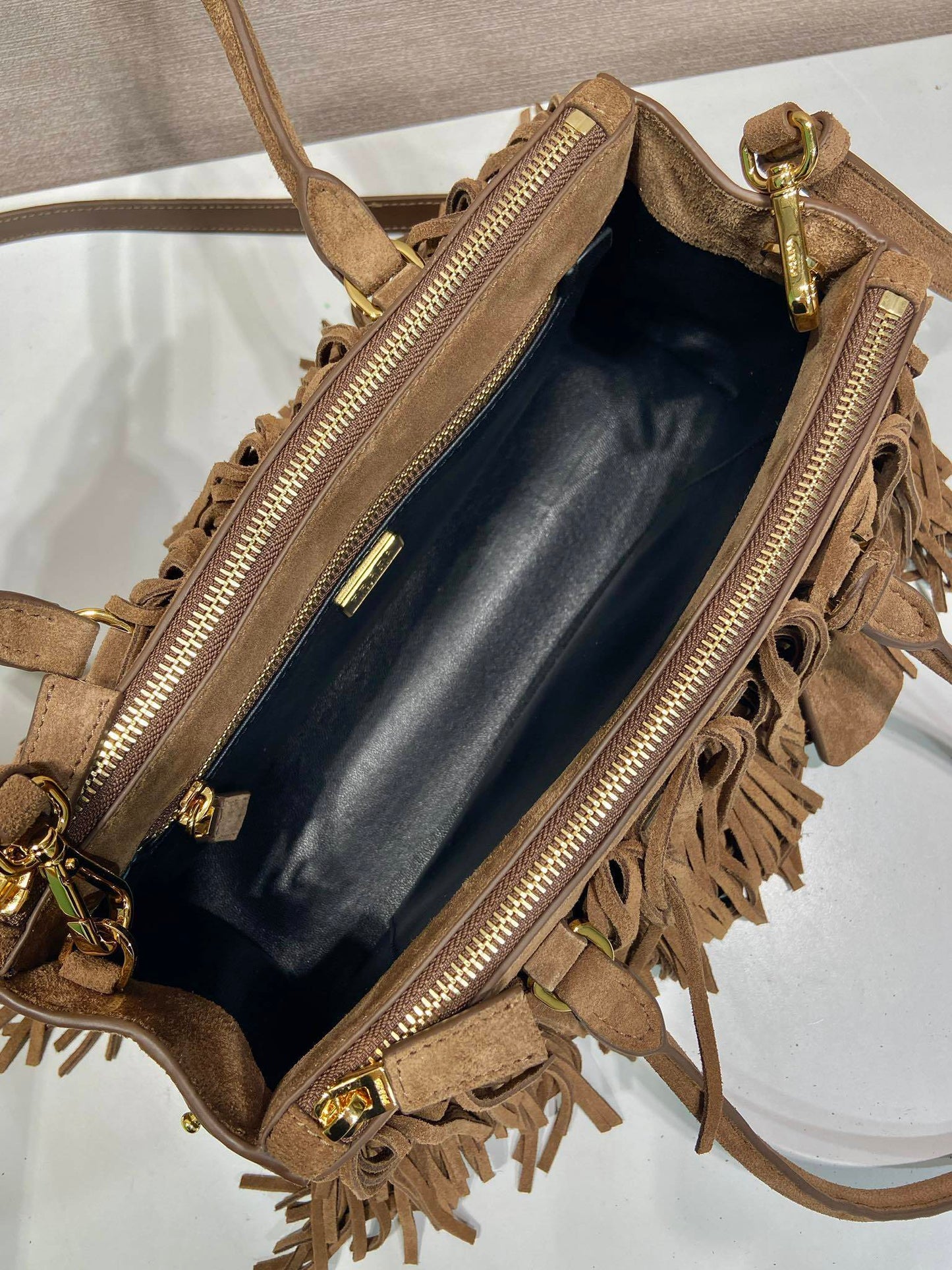 Prada Galleria Medium Cocoa Brown Suede Bag with Fringe