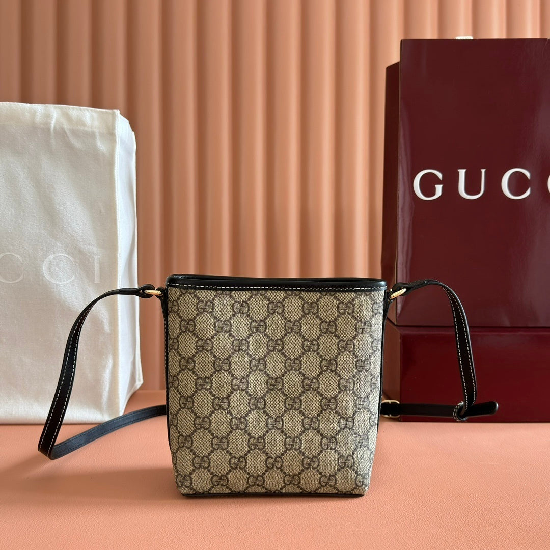 Gucci GG Emblem Nano Bucket Bag in Beige & Dark Brown Monogram with Black Leather Trim