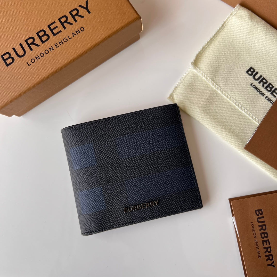 Burberry Men's Navy Textured Leather Bifold Wallet with Metal Logo