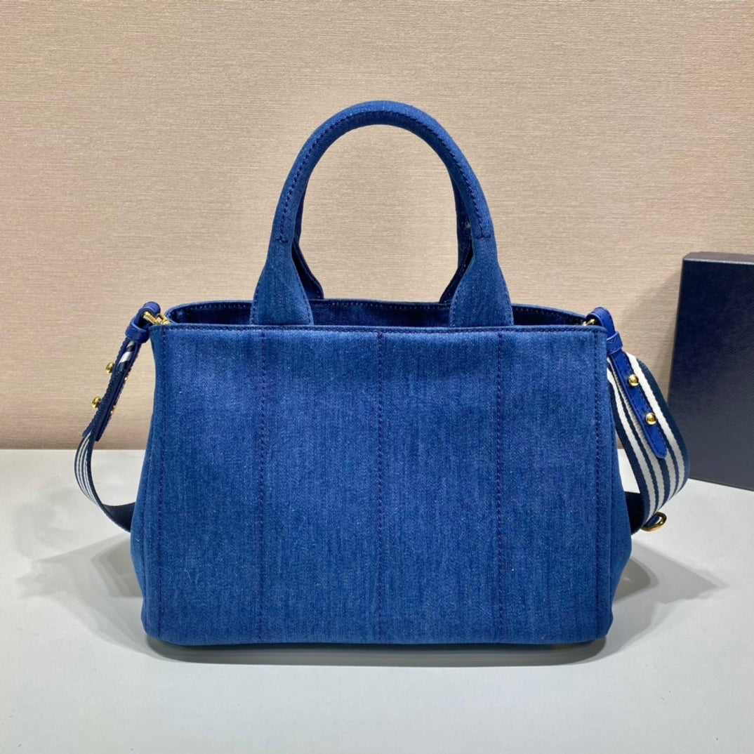 Prada Canapa Tote Bag – Blue Denim/Canvas with White Logo Print & Detachable Shoulder Strap