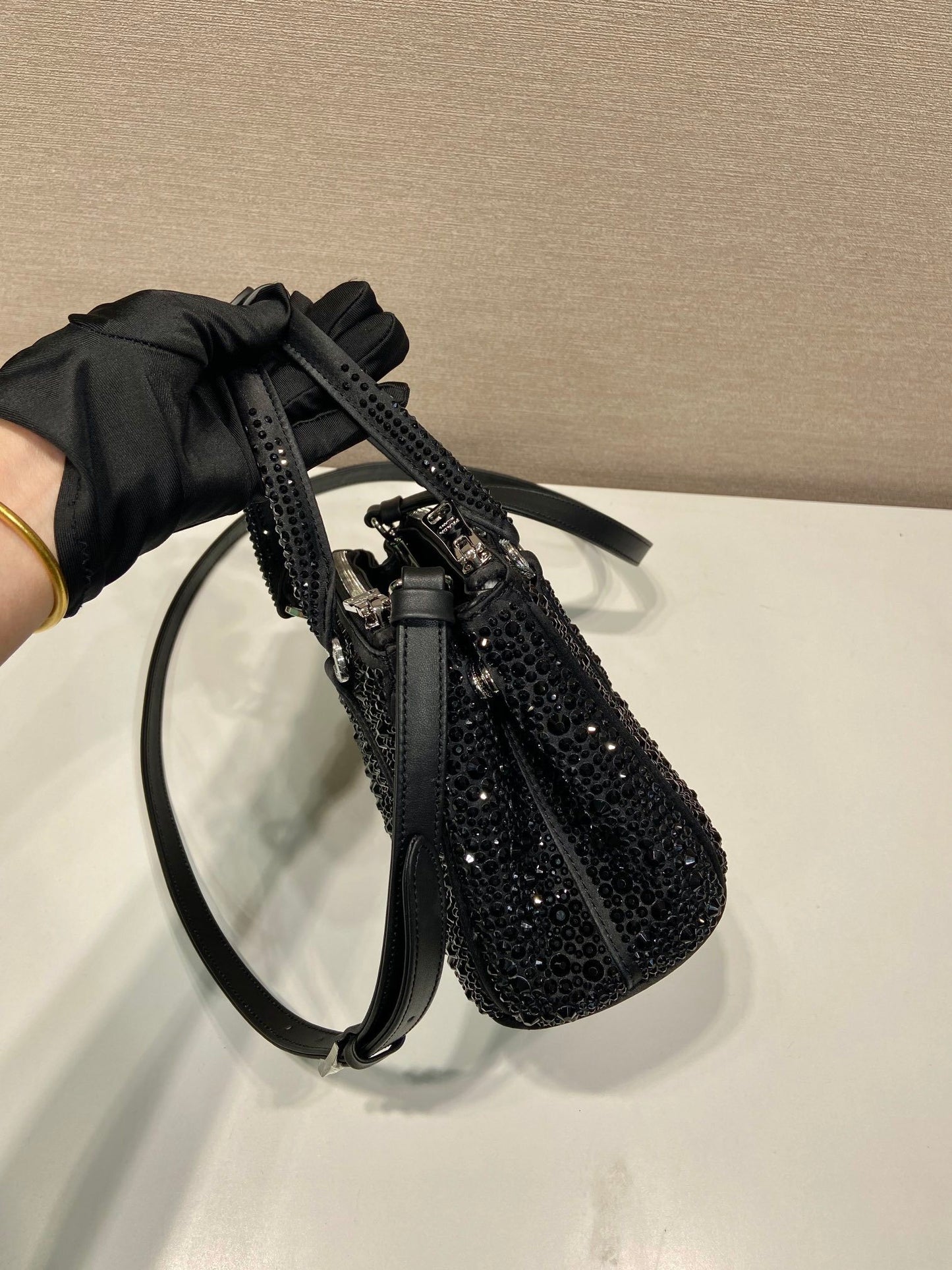 Prada Galleria Mini Satin Bag – Black with Crystals