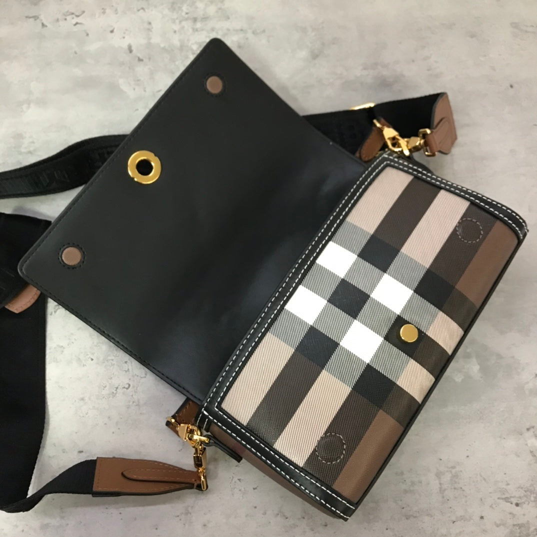 Burberry Note Bag with Iconic Check Pattern and Smooth Leather Trim
