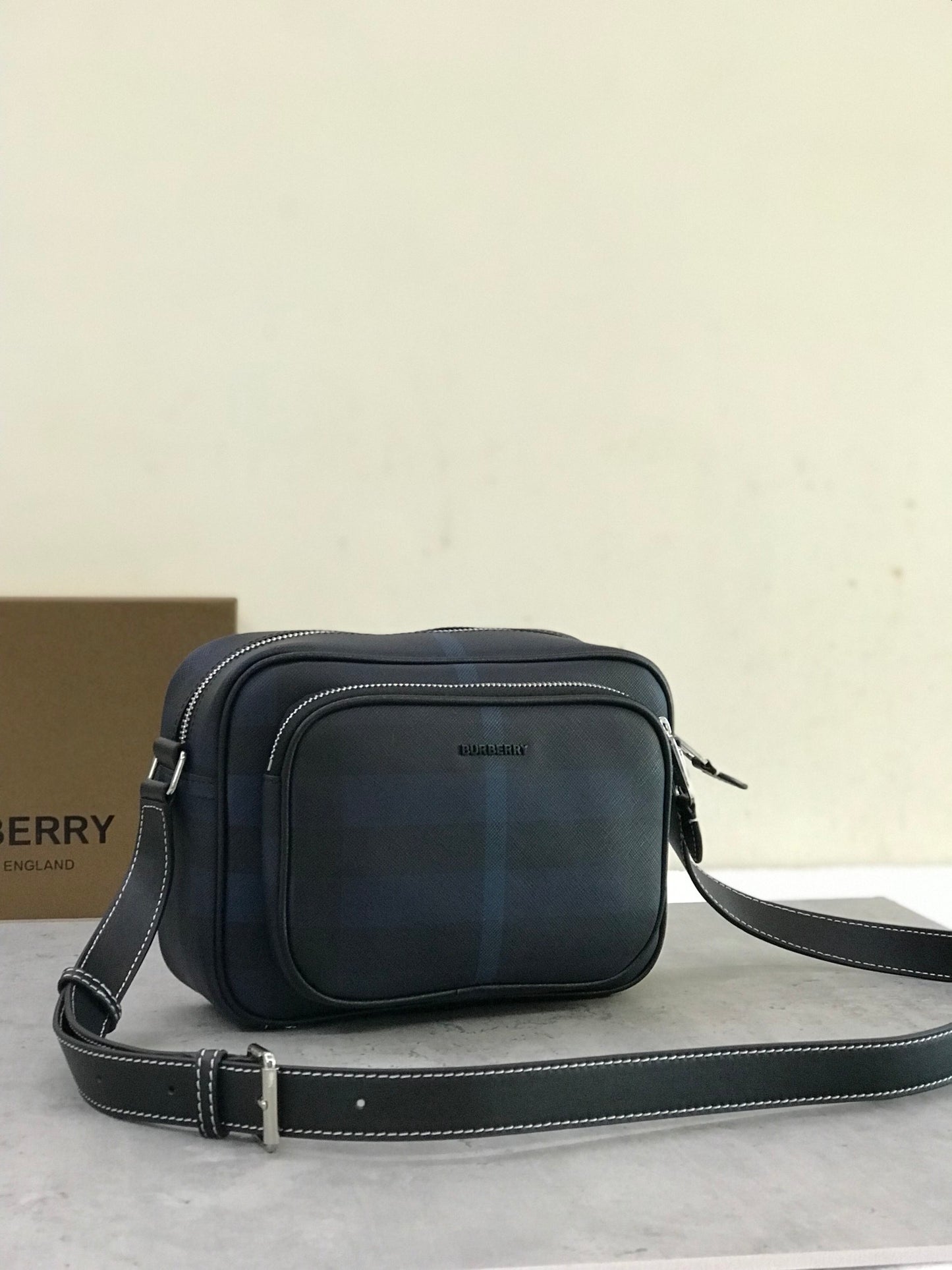 Burberry Paddy Black & Blue Check Coated Canvas Crossbody Bag
