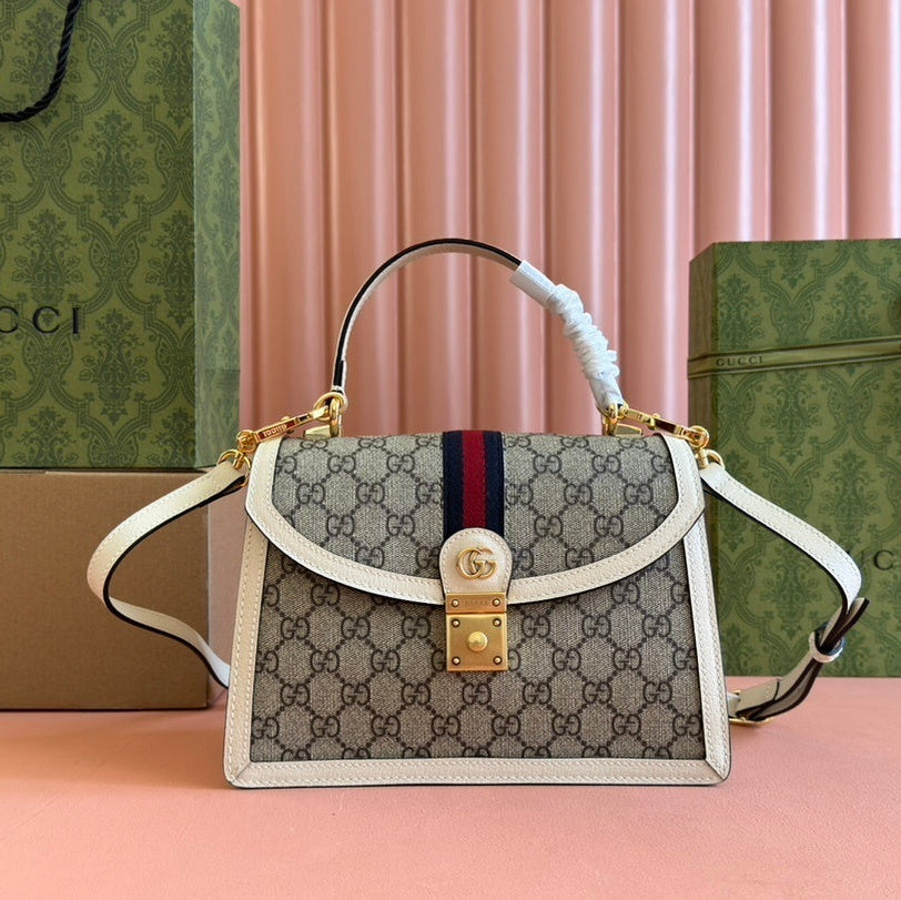 Gucci Ophidia GG Small Top Handle Bag in Beige & White Canvas with Web Stripe