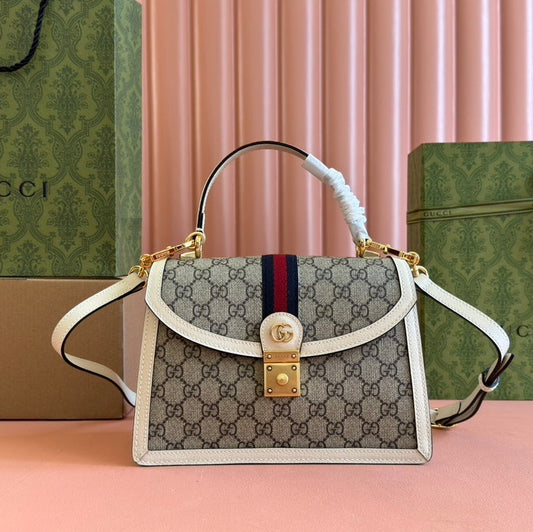 Gucci Ophidia GG Small Top Handle Bag in Beige & White Canvas with Web Stripe