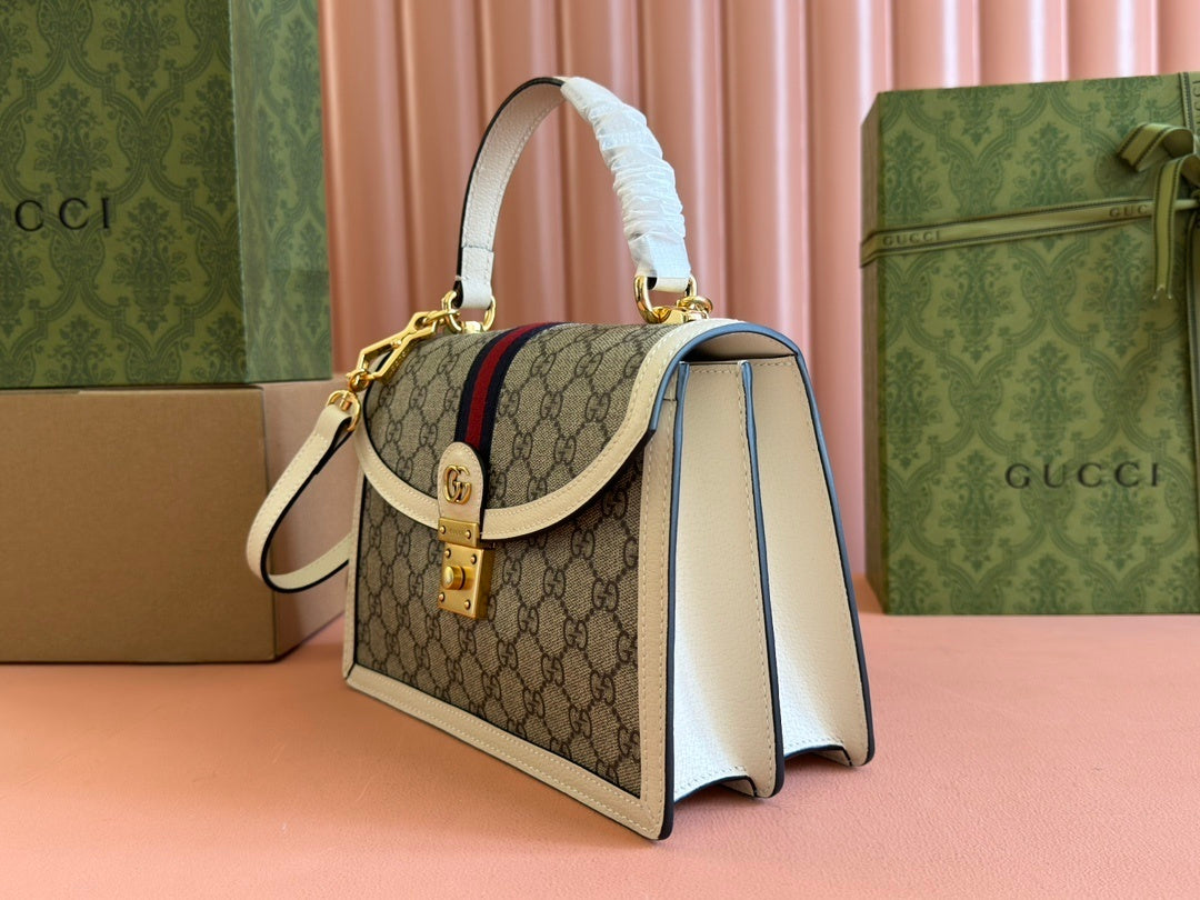 Gucci Ophidia GG Small Top Handle Bag in Beige & White Canvas with Web Stripe