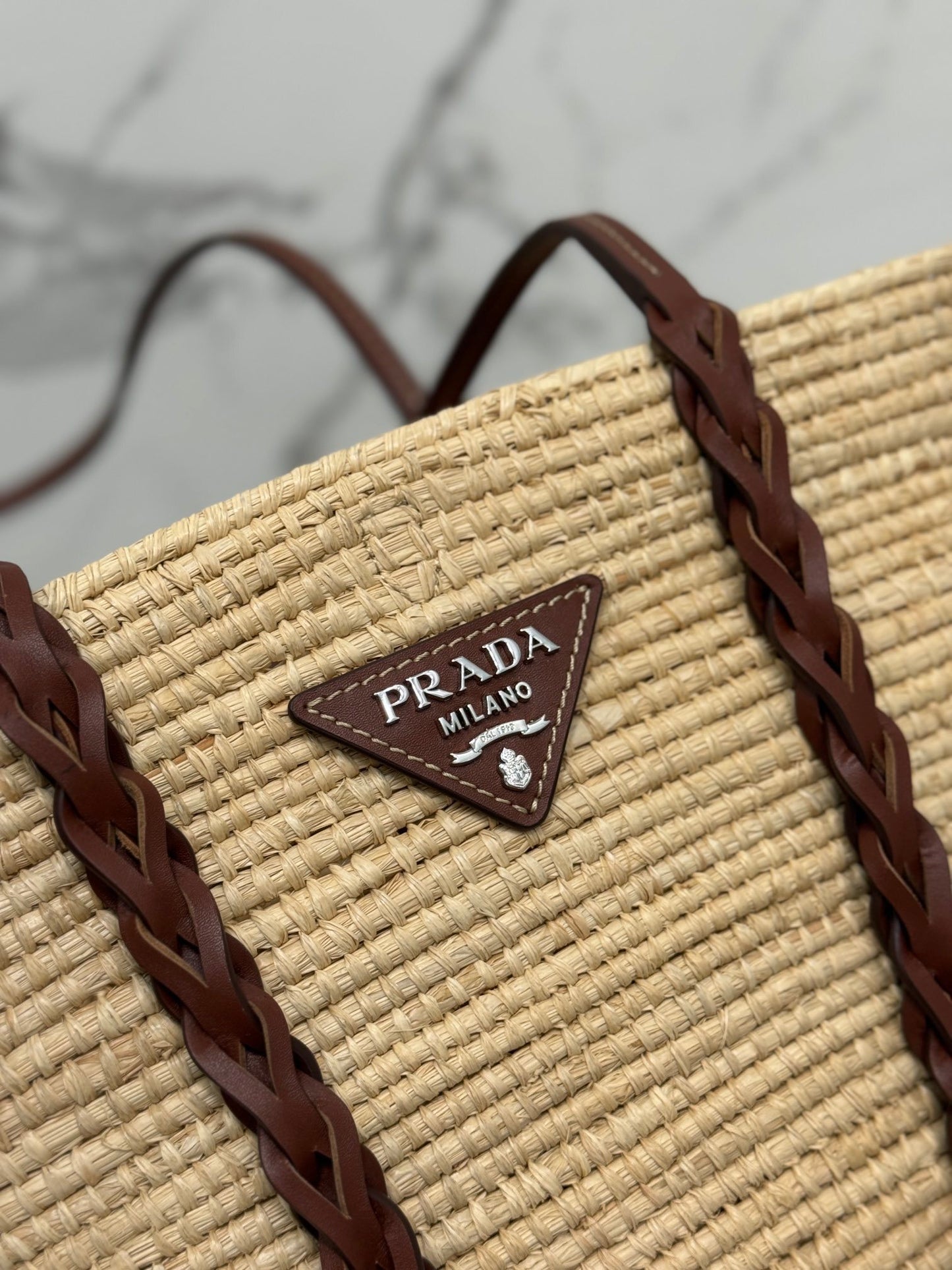 Prada Logo Leather-Trimmed Raffia Basket Bag – Natural/Beige & Cognac with Braided Leather Handles