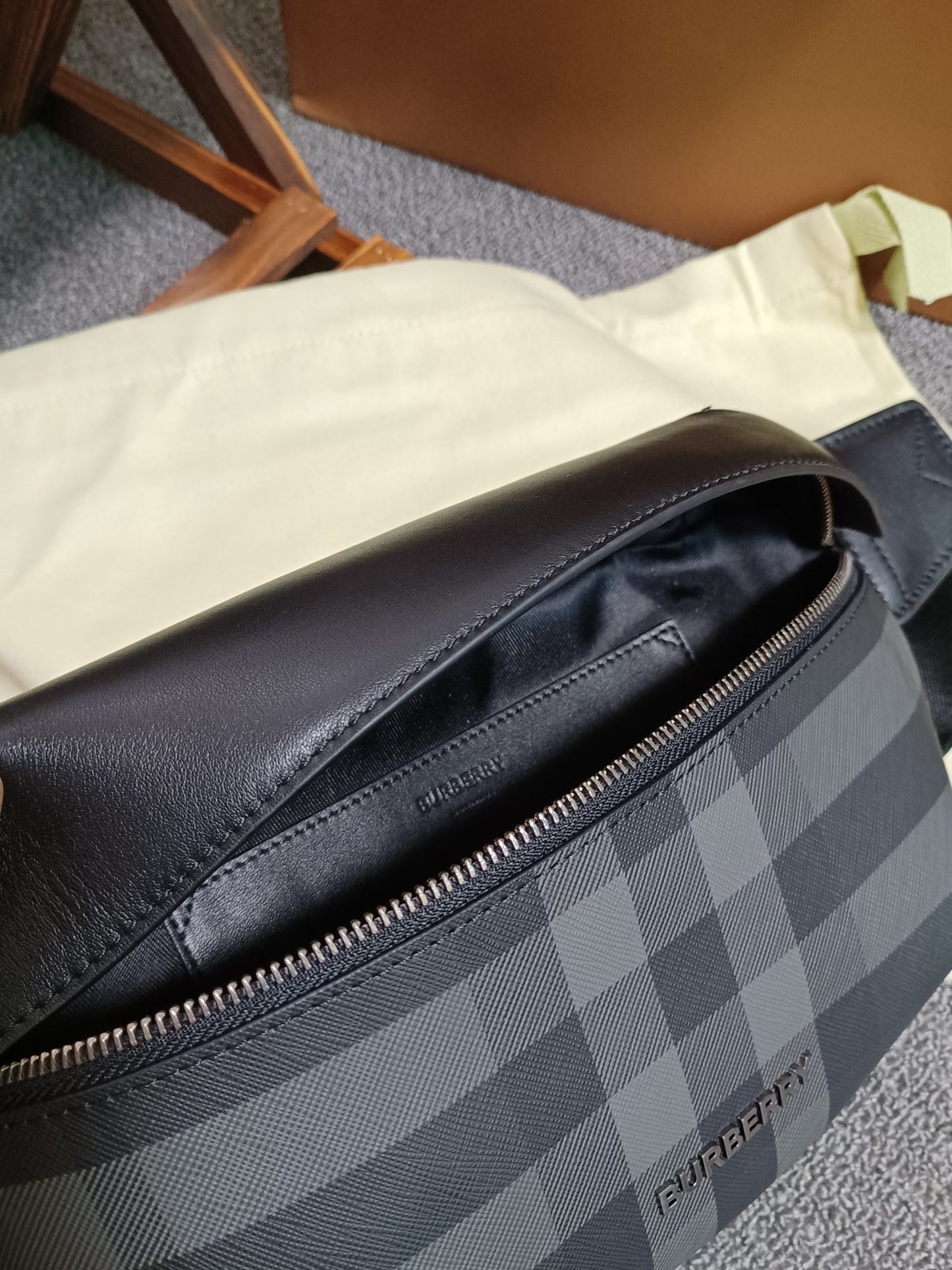 Burberry Sonny Belt Bag in Black Charcoal Check Canvas with Leather Trim