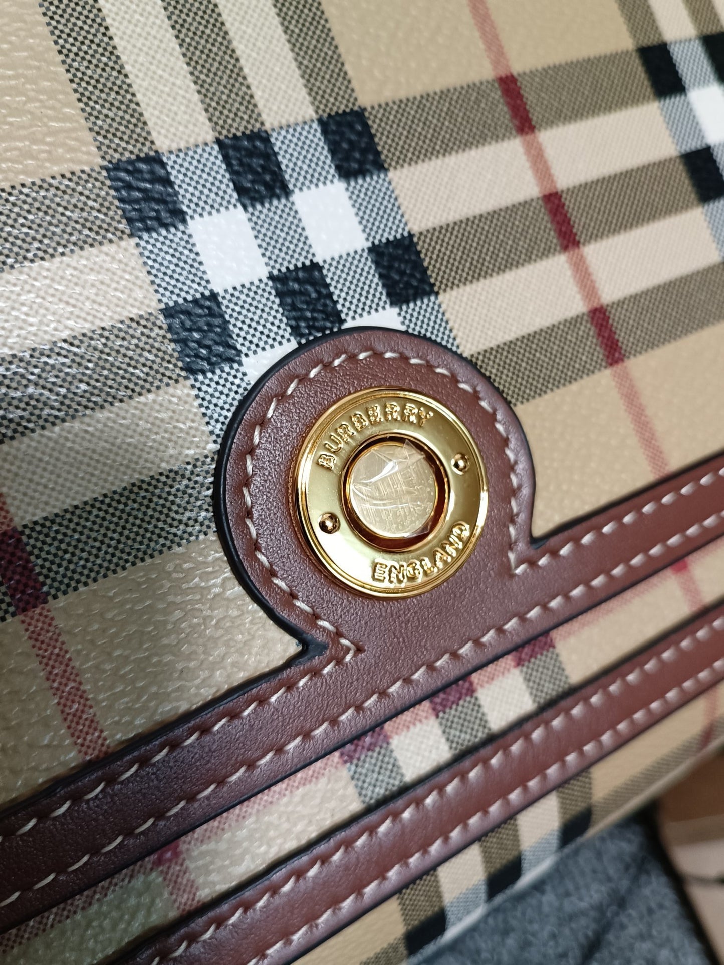 Burberry Note Crossbody Bag Archive Beige Check with Briar Brown Leather Trim