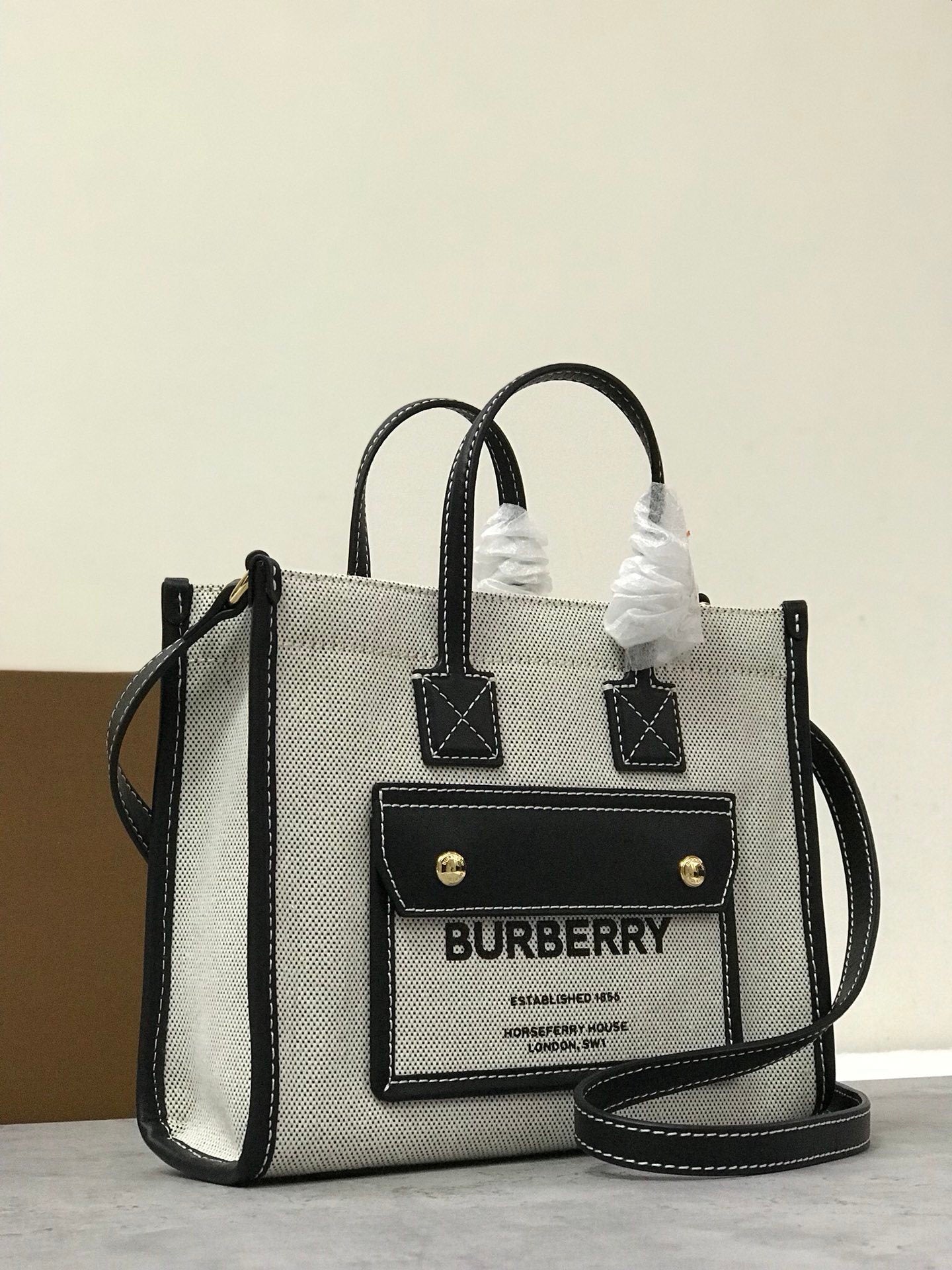 Burberry Mini Freya Tote Bag Two-Tone Canvas & Leather Handbag