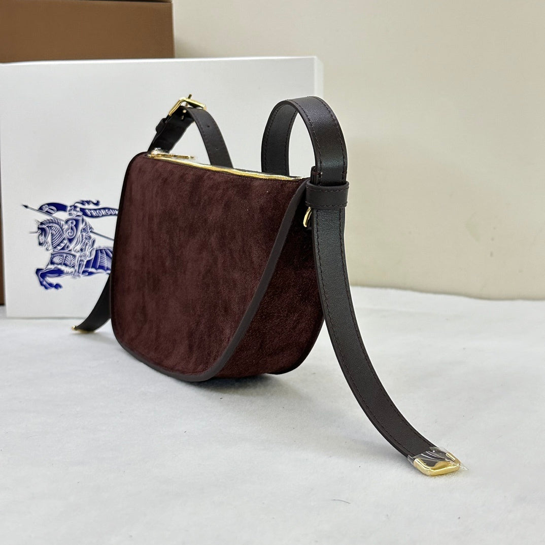 Burberry Shield Small Brown Suede Crescent Shoulder Bag