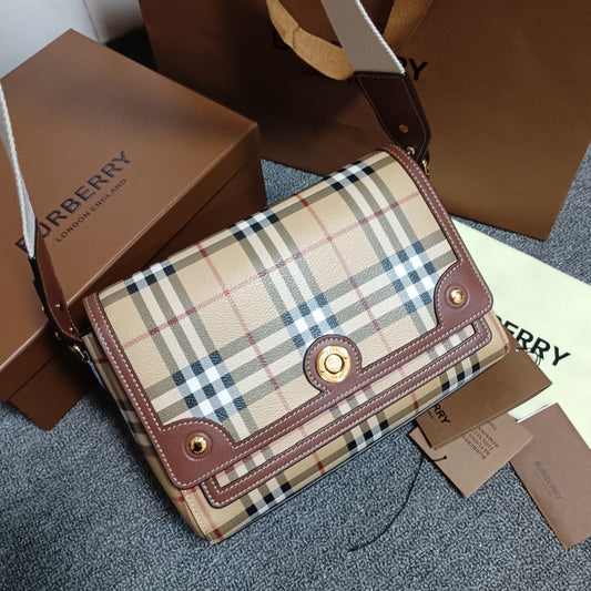 Burberry Note Crossbody Bag Archive Beige Check with Briar Brown Leather Trim