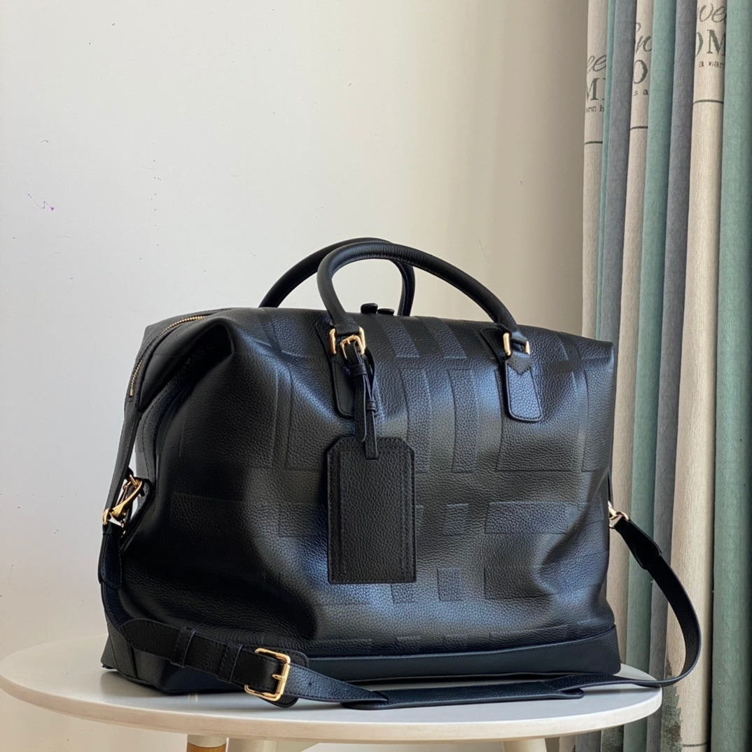 Burberry Black Leather Boston Bag with Check-Embossed Pattern