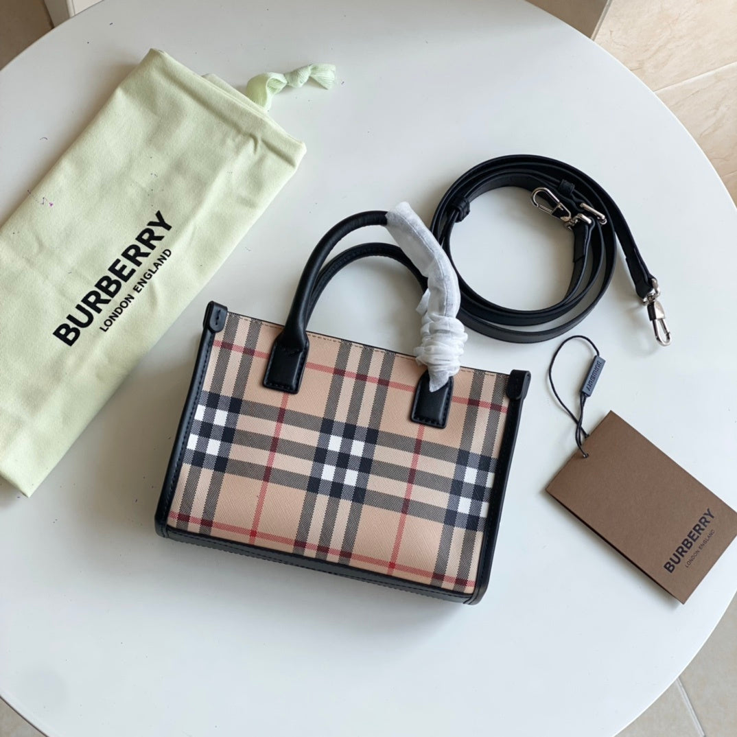 Burberry Mini Vintage Check & Leather Tote Archive Beige Luxury Bag