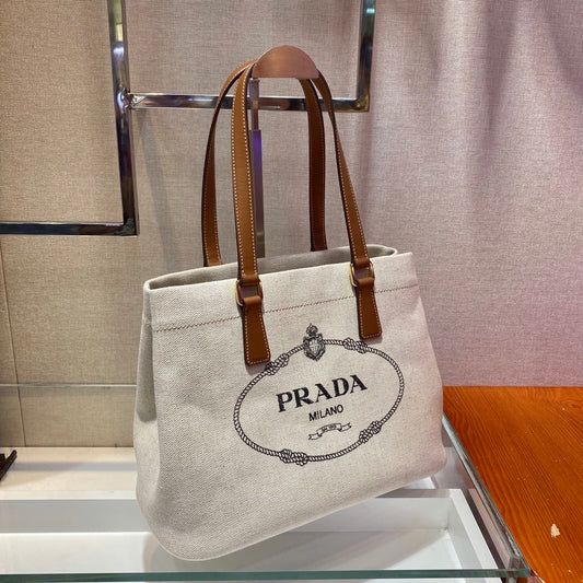 Prada Logo-Print Canvas Tote Bag with Leather Handles – Naturale & Cognac