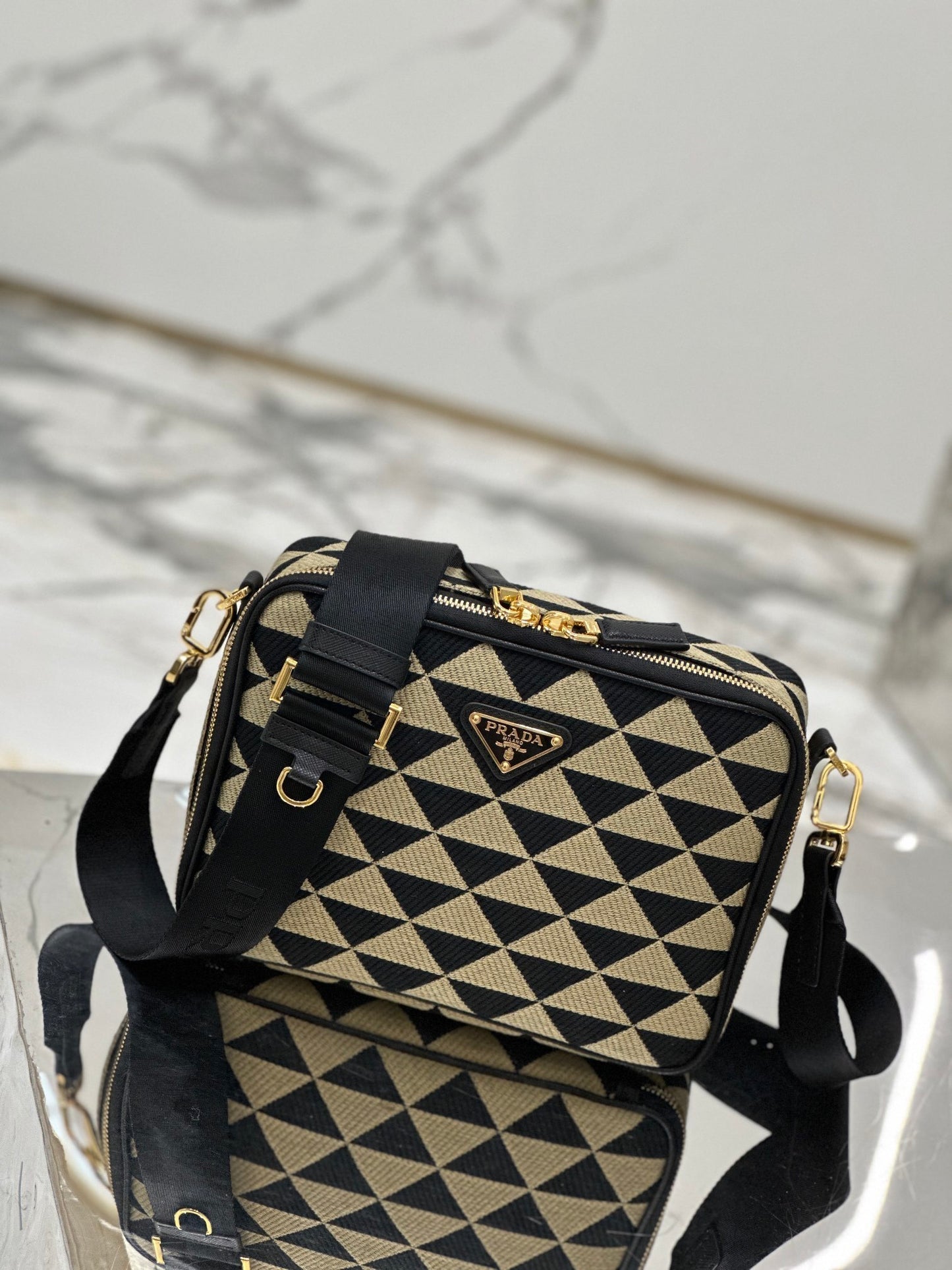 Prada Symbole Embroidered Fabric Messenger Bag in Black and Beige