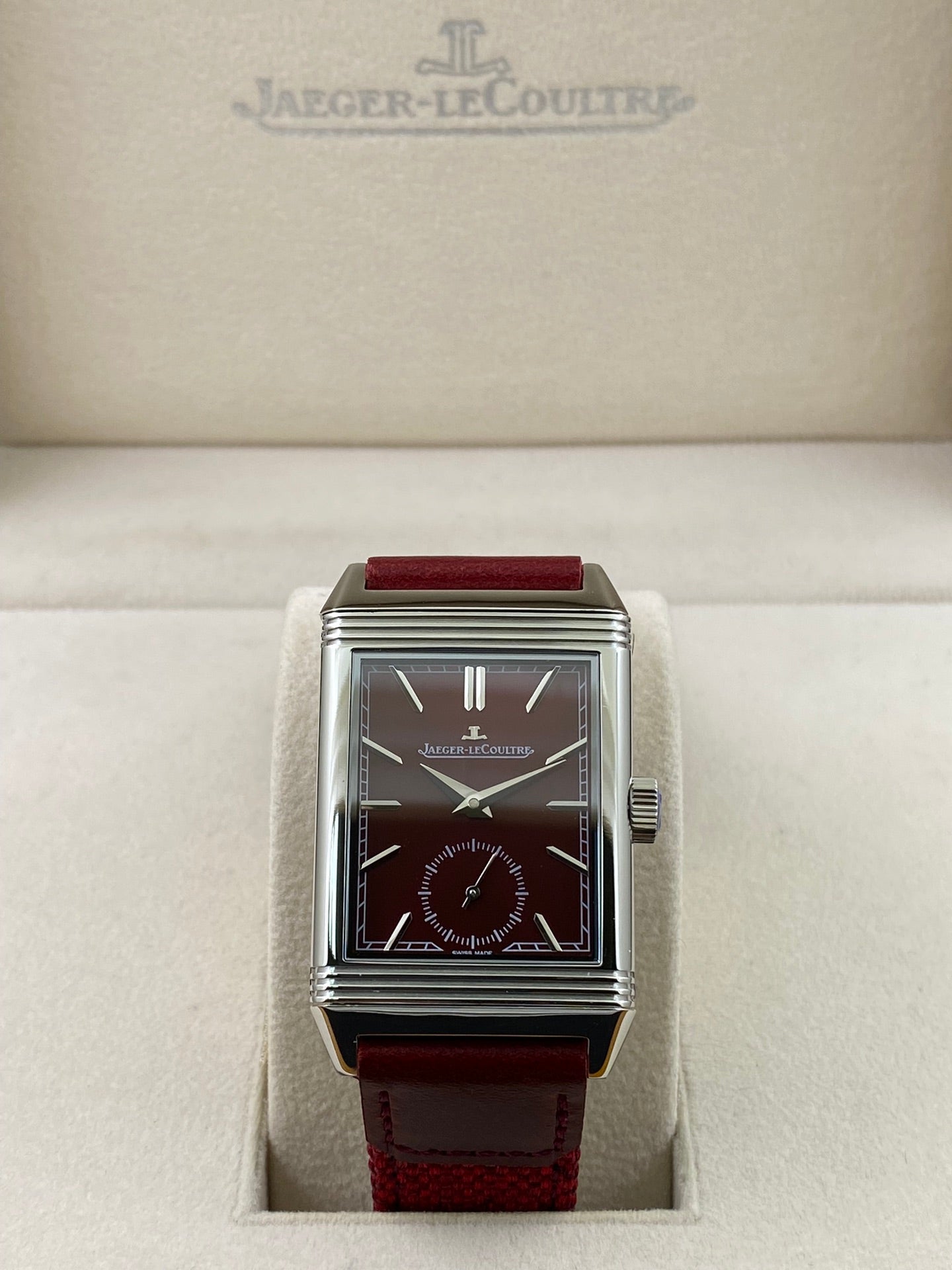 Jaeger-LeCoultre Reverso Tribute Small Seconds – Burgundy Red Dial, Stainless Steel Case, Leather Strap