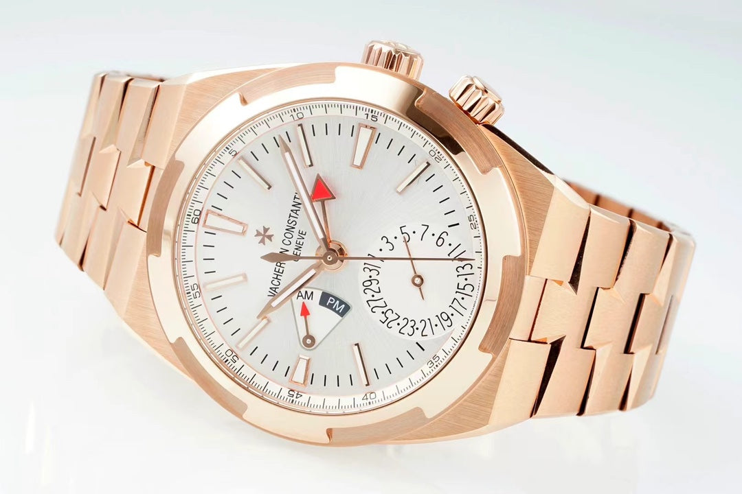 Vacheron Constantin Overseas Dual Time – 18K Pink Gold, Silver Dial, Integrated Bracelet