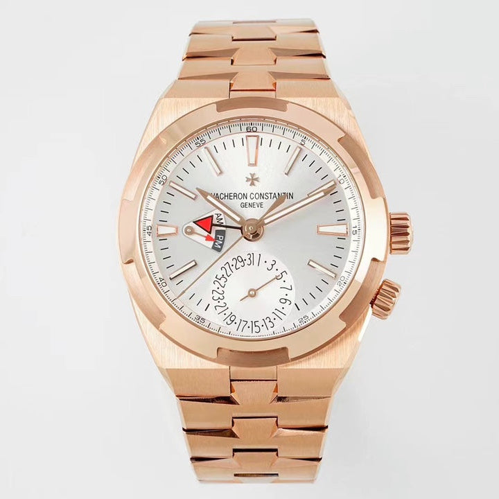 Vacheron Constantin Overseas Dual Time – 18K Pink Gold, Silver Dial, Integrated Bracelet