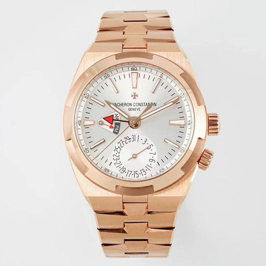 Vacheron Constantin Overseas Dual Time – 18K Pink Gold, Silver Dial, Integrated Bracelet