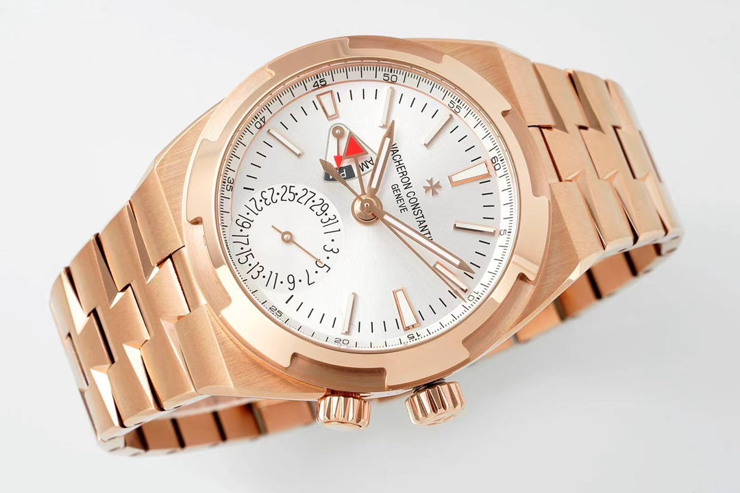 Vacheron Constantin Overseas Dual Time – 18K Pink Gold, Silver Dial, Integrated Bracelet