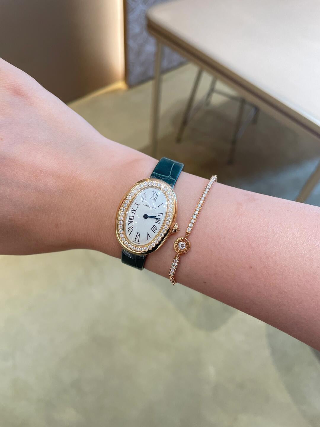 Cartier Baignoire Rose Gold Watches with Diamond Bezels and Leather Straps