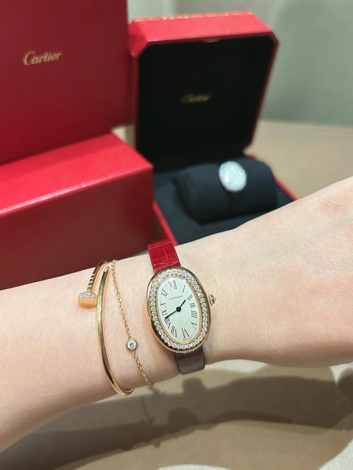 Cartier Baignoire Rose Gold Watches with Diamond Bezels and Leather Straps