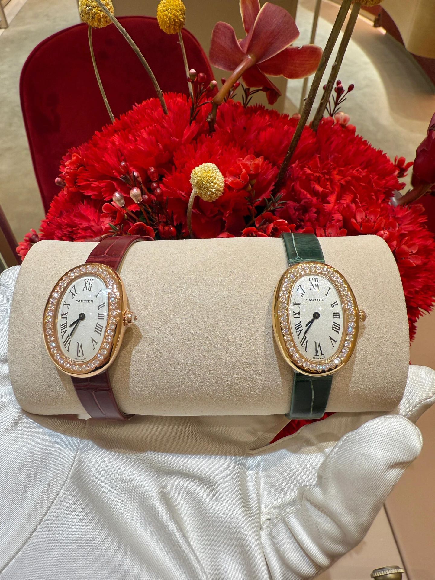 Cartier Baignoire Rose Gold Watches with Diamond Bezels and Leather Straps