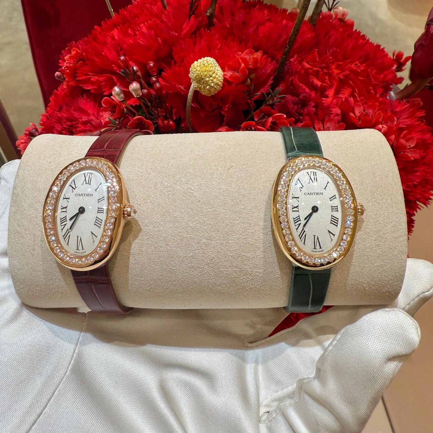 Cartier Baignoire Rose Gold Watches with Diamond Bezels and Leather Straps