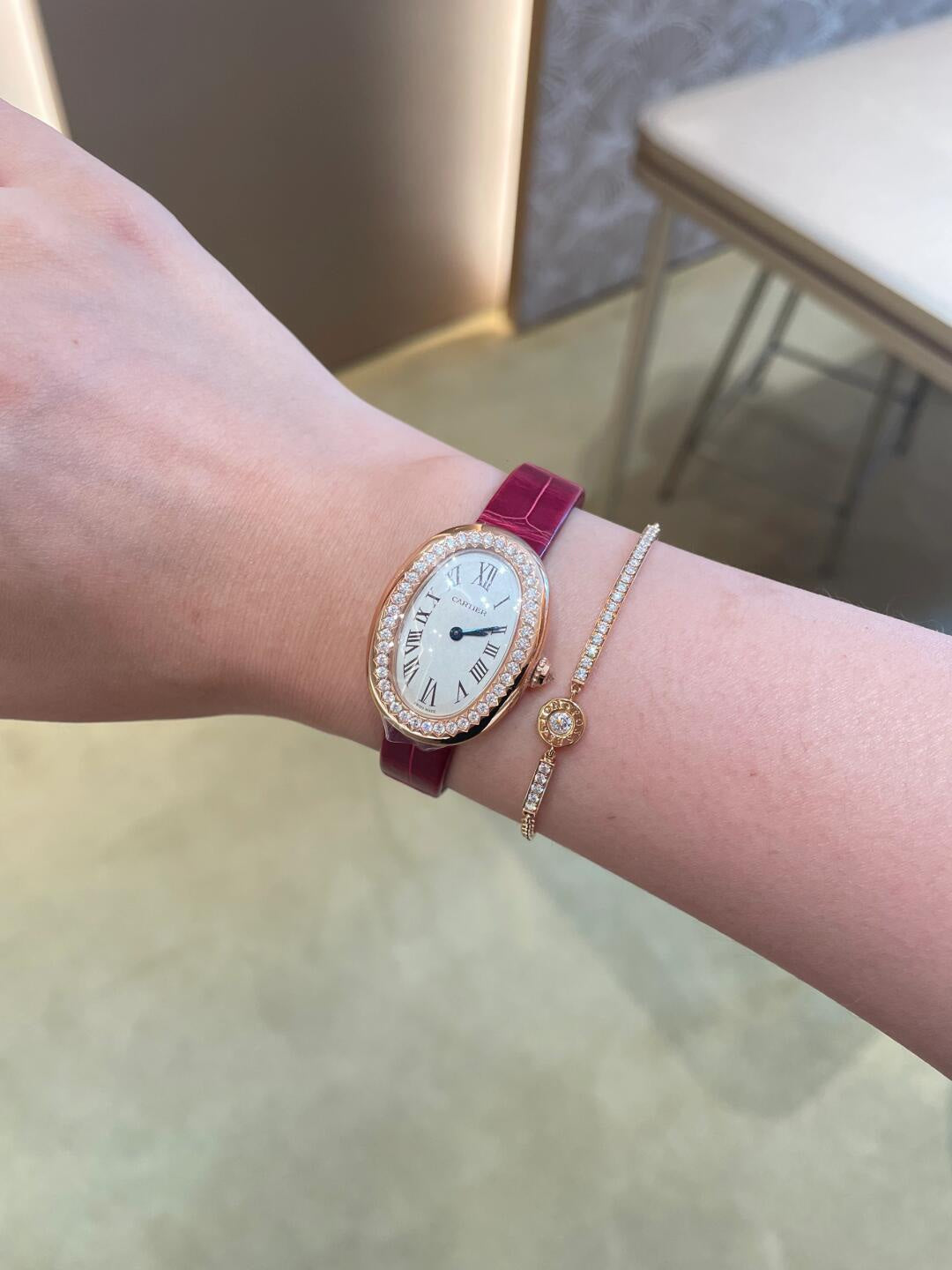 Cartier Baignoire Rose Gold Watches with Diamond Bezels and Leather Straps