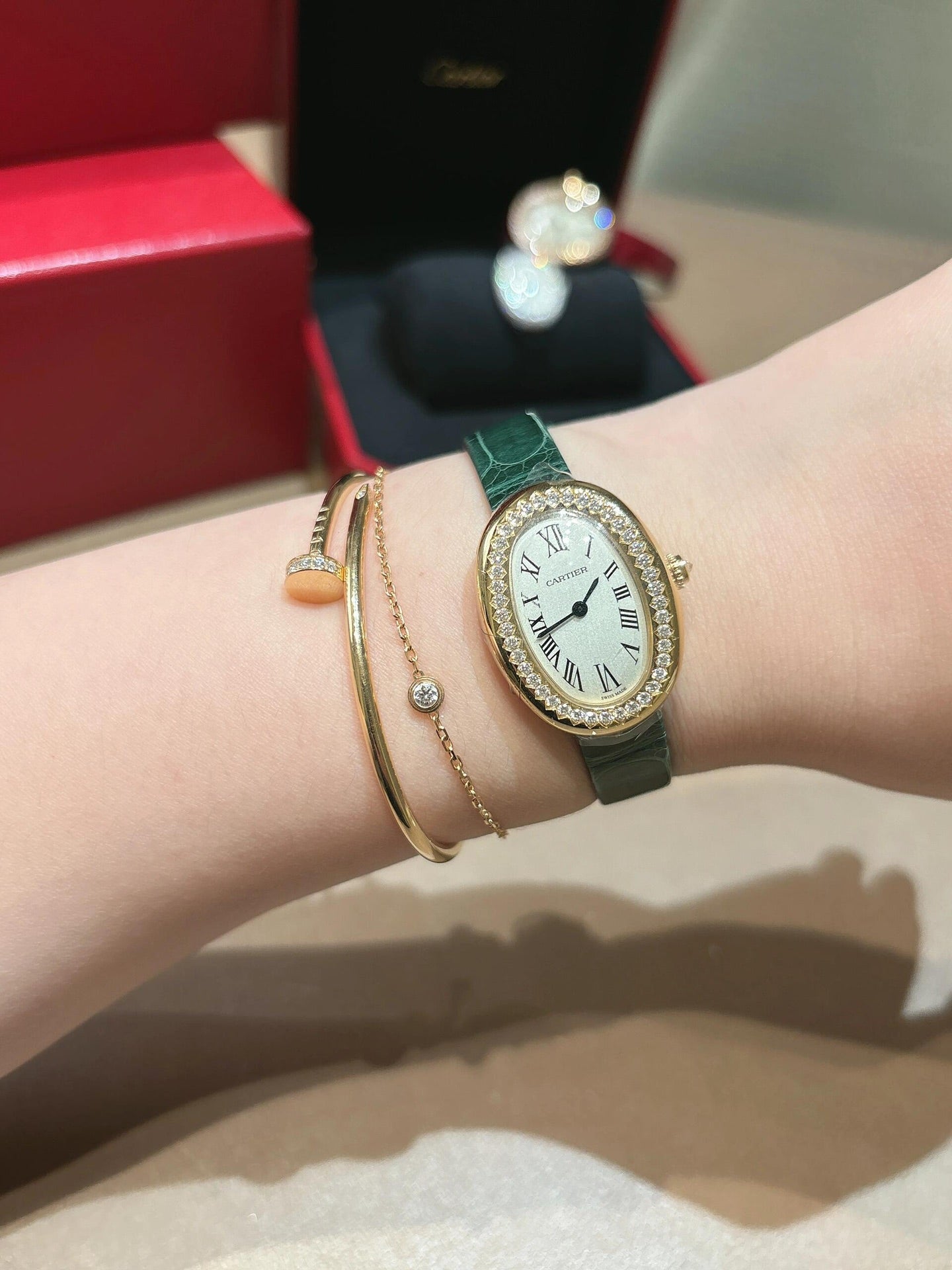 Cartier Baignoire Rose Gold Watches with Diamond Bezels and Leather Straps