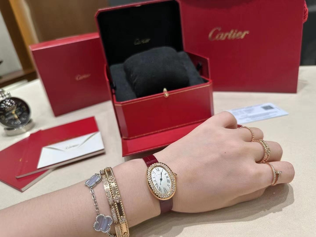 Cartier Baignoire Rose Gold Watches with Diamond Bezels and Leather Straps